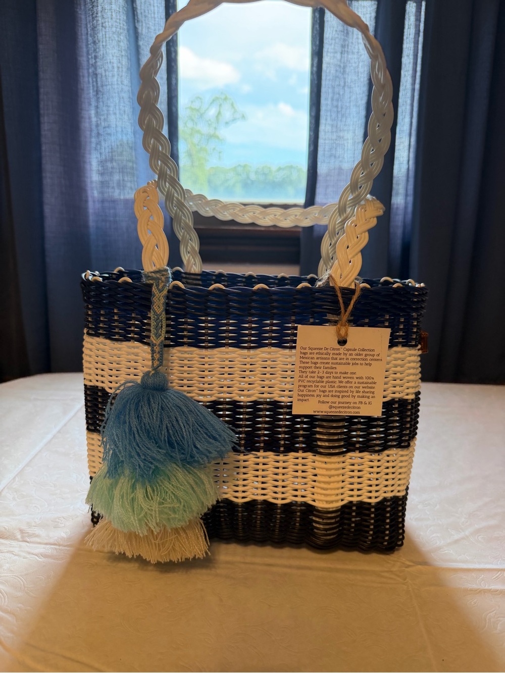 Squeeze De Citron Capsule Collection Woven Navy & White Striped Tote with Tassel
